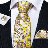 Men’s Silk Coordinated Tie Set - Golden Yellow Floral Paisley (6195)