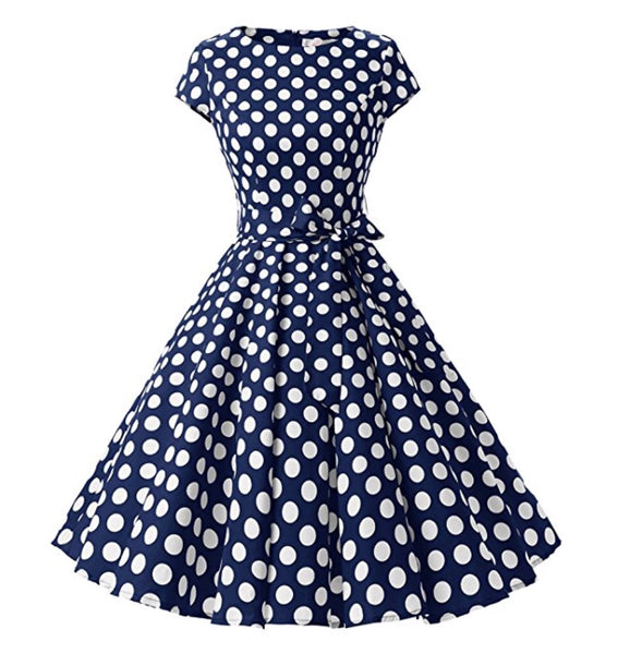 navy dress with white polka dots