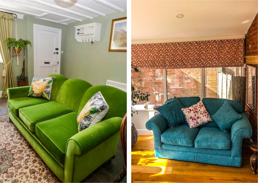 Reupholstery of sofas across Yorkshire, Green velvet sofa and blue linen sofa