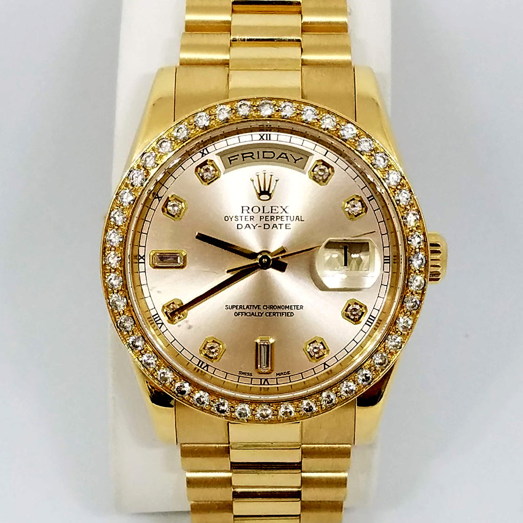 rolex oyster perpetual day date 18k gold diamonds