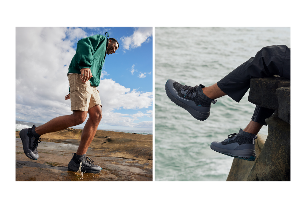 Image on the left: Male wearing Vessi Stormbursts in Peak Black with beige cargo shorts and a green quarter zip. Image on the right: Stormbursts shown with black athletic pants. 