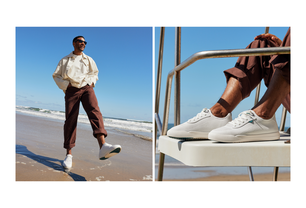 Male wearing Vessi Weekend Sneakers in Marble White with dark brown denim pants, a cream t-shirt, and cream collared button-up.