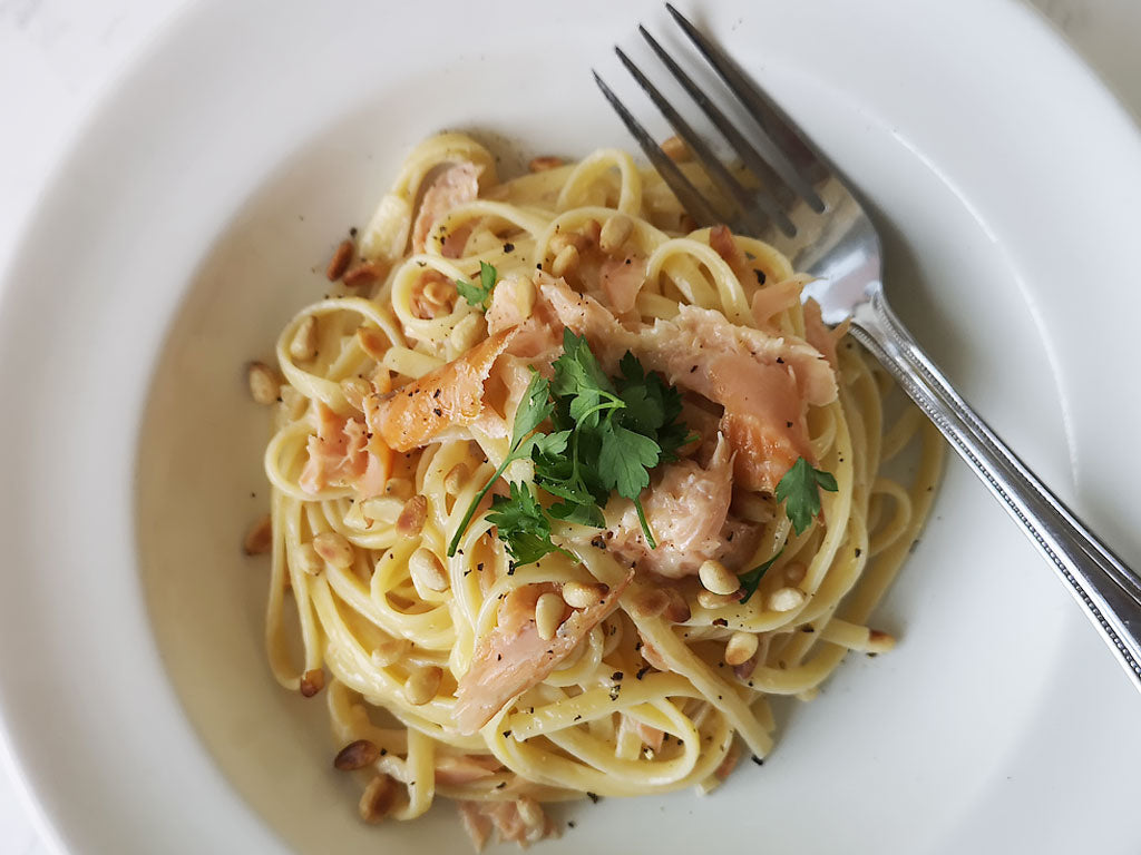 Ullapool Smokehouse Smoked Salmon with Creamy Pasta and Pine Nuts