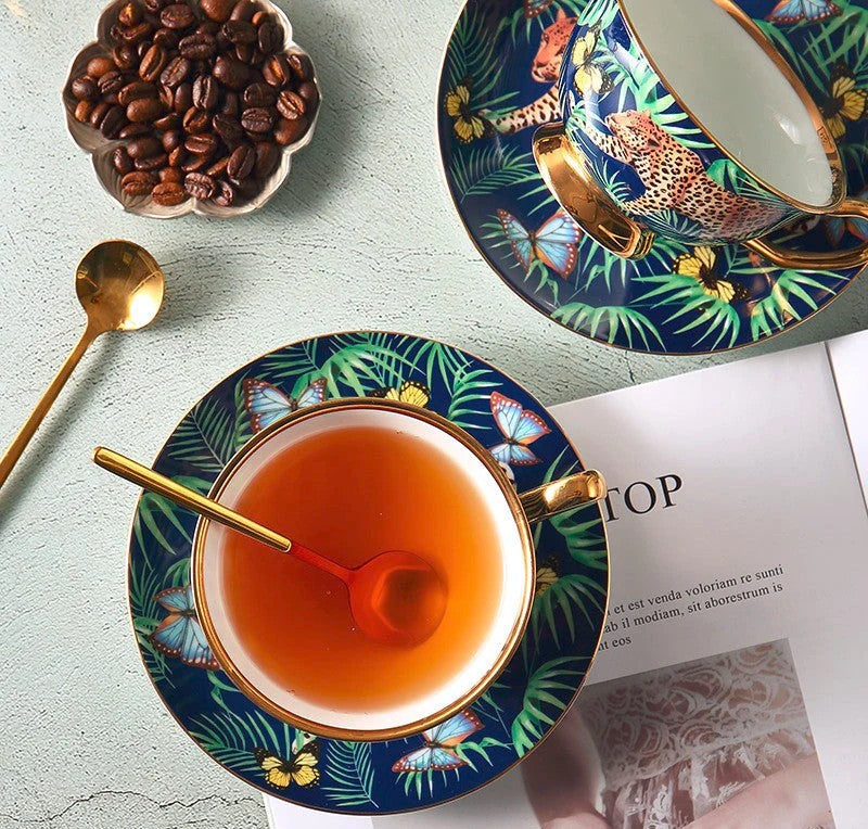 Creative Leopard Ceramic Coffee Cups, Unique Tea Cups and Saucers in Gift Box as Birthday Gift, Beautiful British Tea Cups, Creative Bone China Porcelain Tea Cup Set