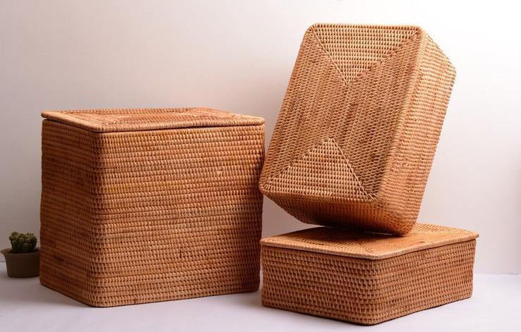 Woven Rattan Baskets, Rectangular Basket with Lid, Rectangular Storage Baskets, Storage Basket for Bedroom, Kitchen Storage Baskets