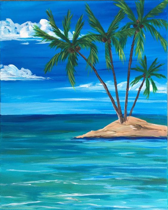 30 Easy Seascape Painting Ideas for Beginners, Easy Island Paintings, Beach Paintings, Easy Acrylic Painting Ideas, Simple Canvas Paintings Ideas, Simple Landscape Painting Ideas