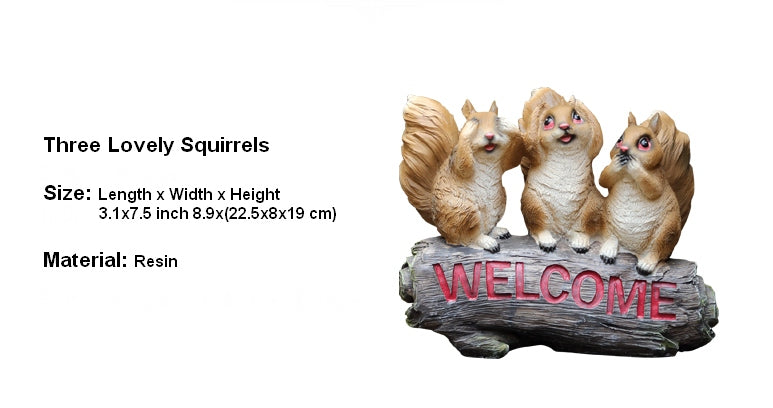 Three Lovely Squirrels with Welcome Sign, Squirrel Statue for Garden, Animal Statue for Garden Ornament, Villa Outdoor Decor Gardening Ideas