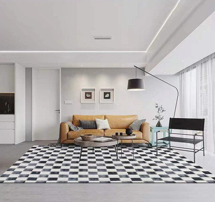 Black Chequer Contemporary Wool Rugs, Modern Living Room Rug Ideas, Mid Century Wool Rugs for Dining Room, Large Modern Rug Placement Ideas for Bedroom