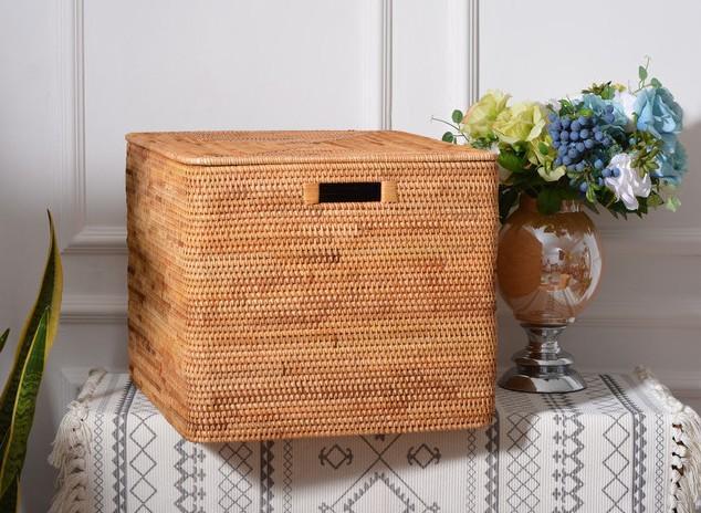 Woven Rattan Baskets, Rectangular Basket with Lid, Rectangular Storage Baskets, Storage Basket for Bedroom, Kitchen Storage Baskets