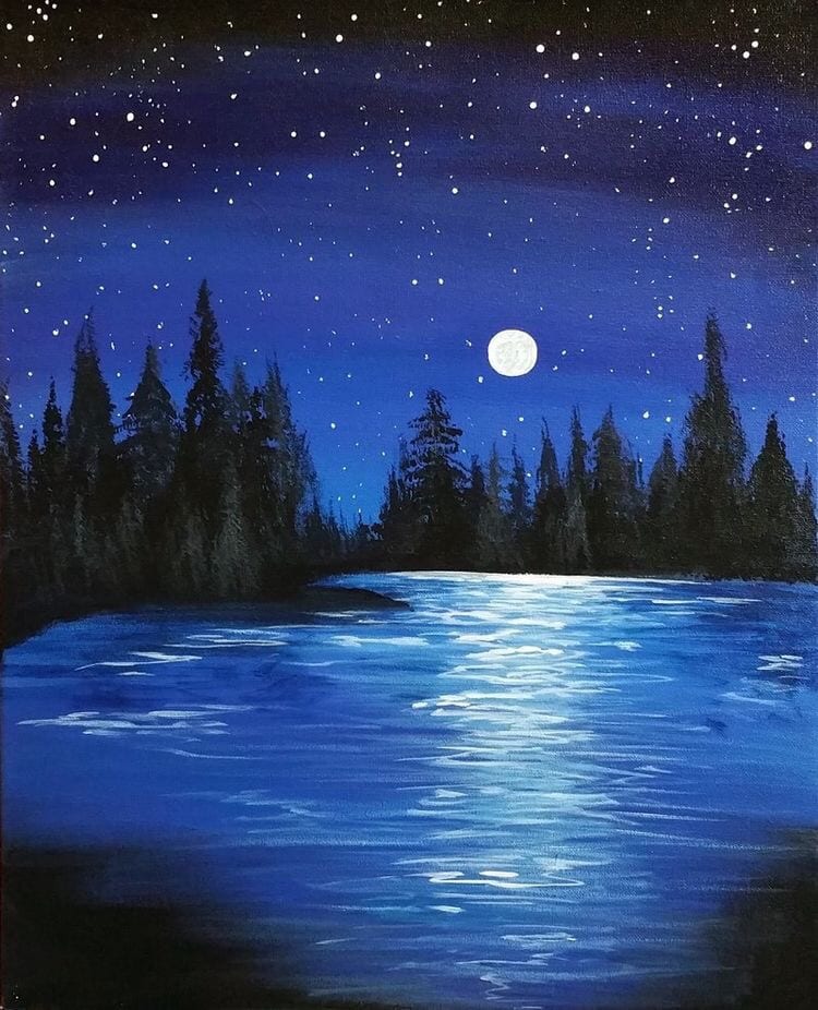 Night Sky Painting, Lake Painting, Easy Landscape Painting Ideas, Beautiful Easy Acrylic Painting Ideas for Beginners, Easy Painting Ideas for Kids, Simple Abstract Painting Ideas, Easy Canvas Painting Tips for Beginners