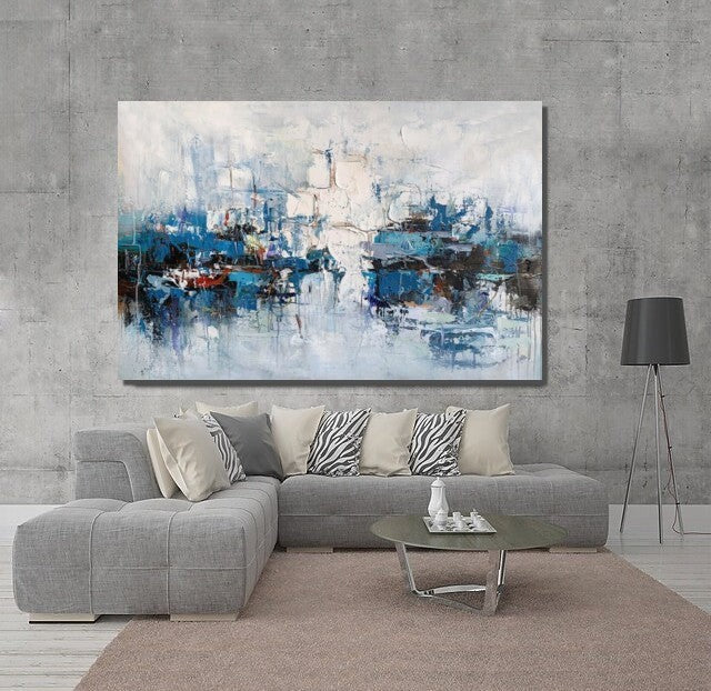 Large Wall Art Paintings Behind Sofa, Acrylic Paintings on Canvas, Acrylic Painting for Bedroom, Blue Modern Paintings, Heavy Texture Canvas Art