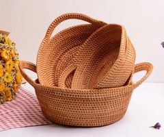 Handmade Round Basket, Woven Basket with Handle, Rustic Basket, Set of 3