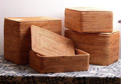 Hand Woven Rectangle Basket with Lip, Vietnam Traditional Handmade Rattan Wicker Storage Basket