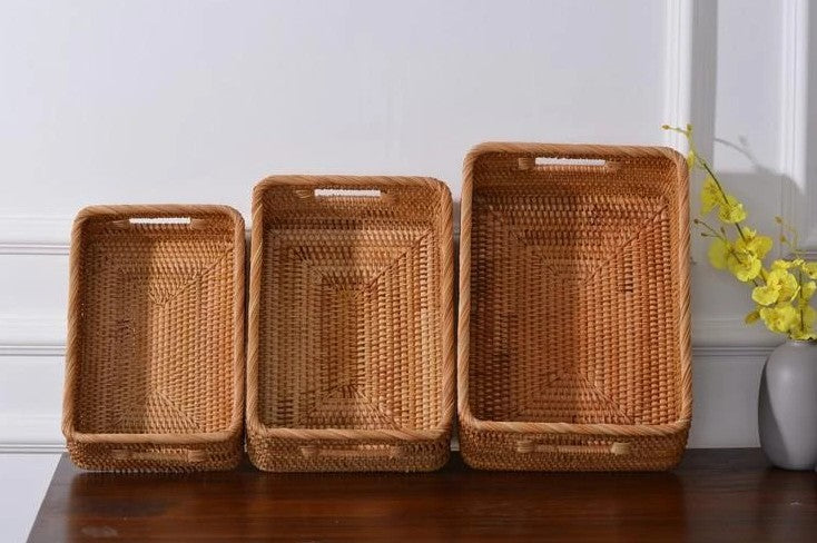 Rectangular Basket with Handle, Rattan Storage Basket for Shelves, Storage Baskets for Kitchen and Bathroom