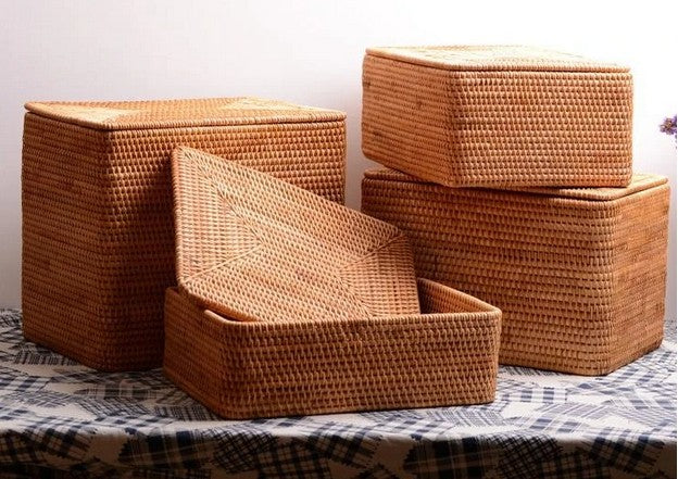 Hand Woven Rectangular Basket with Lids, Extra Large Handmade Rattan Storage Basket for Bedroom and Living Room