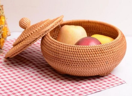 Cute Round Storage Basket, Lovely Hand Woven Storage Basket with Lids, Vietnam Rattan Basket for Kitchen and Dining Room