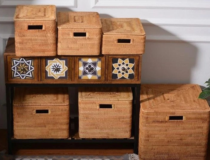 Kitchen Storage Ideas, Beautiful Handmade Rectangular Basket with Lids, Rattan Storage Basket with Handle, Storage Baskets for Kitchen and Bedroom