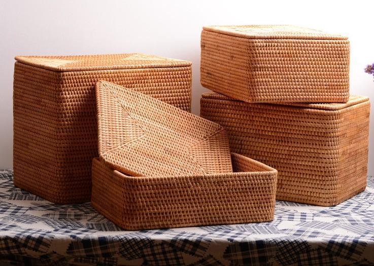 Extra Large Storage Baskets, Woven Rectangular Storage Basket with Lid, Storage Basket for Living Room