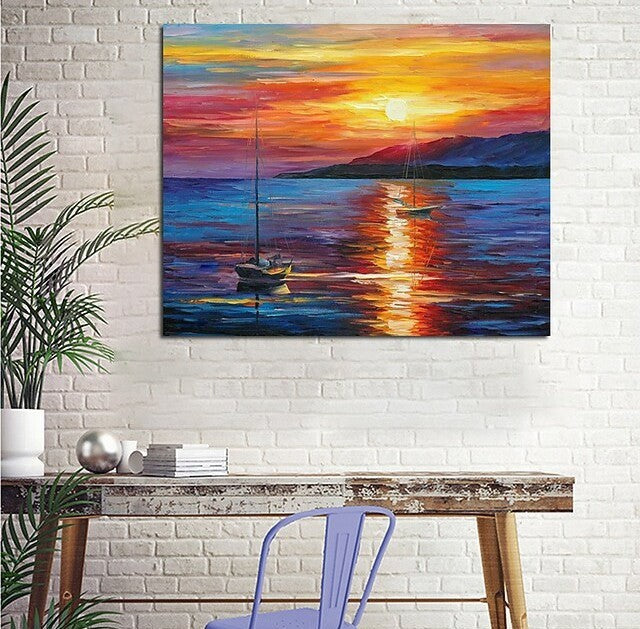 Boat Paintings, Simple Modern Art, Paintings for Living Room, Sunrise Painting, landscape Canvas Painting, Hand Painted Canvas Painting