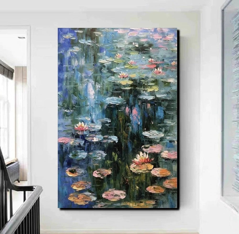 Large Paintings on Canvas, Canvas Paintings for Bedroom, Landscape Painting for Living Room, Water Lily Paintings, Heavy Texture Paintings