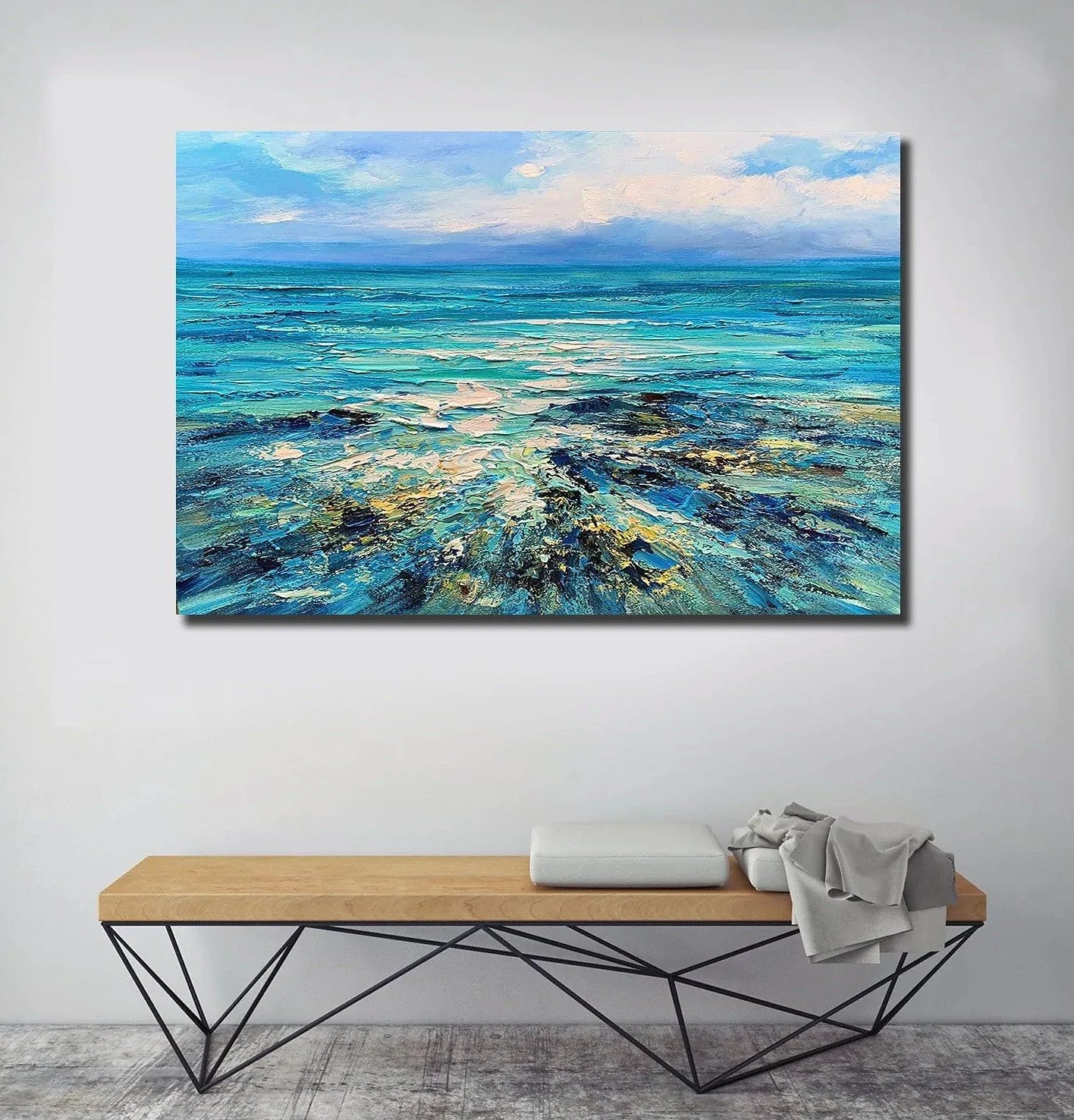 Abstract Landscape Paintings, Blue Sea Wave Painting, Landscape Canvas Paintings, Seascape Painting, Acrylic Paintings for Living Room, Hand Painted Canvas Art