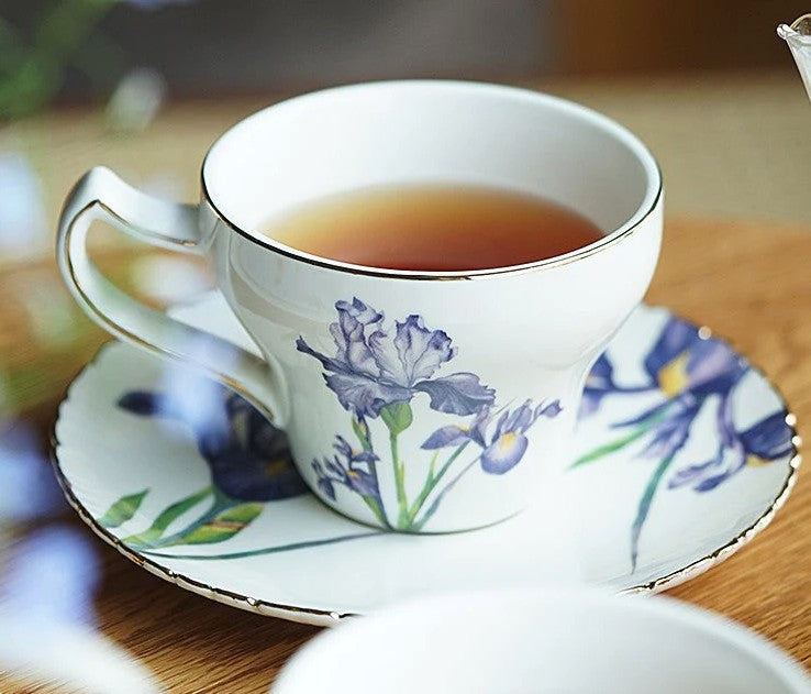 Beautiful Bone China Porcelain Tea Cup Set, Iris Flower British Tea Cups, Traditional English Tea Cups and Saucers, Unique Ceramic Coffee Cups in Gift Box