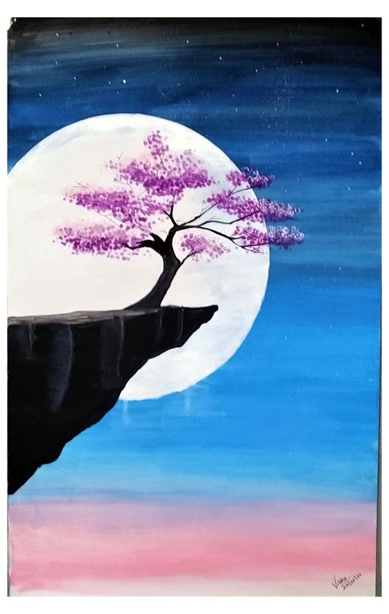 Easy Landscape Painting Ideas for Beginners, Easy Tree Painting Ideas, Simple Canvas Painting Ideas, Easy Modern Wall Art, Moon Painting, Tree Painting, Easy Acrylic Painting Ideas