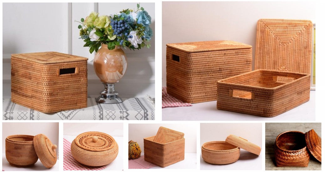 Storage basket with lid, large storage basket with lid, wicker storage basket with lid, round storage basket with lid, rectangular storage basket with lid, woven storage basket with lid