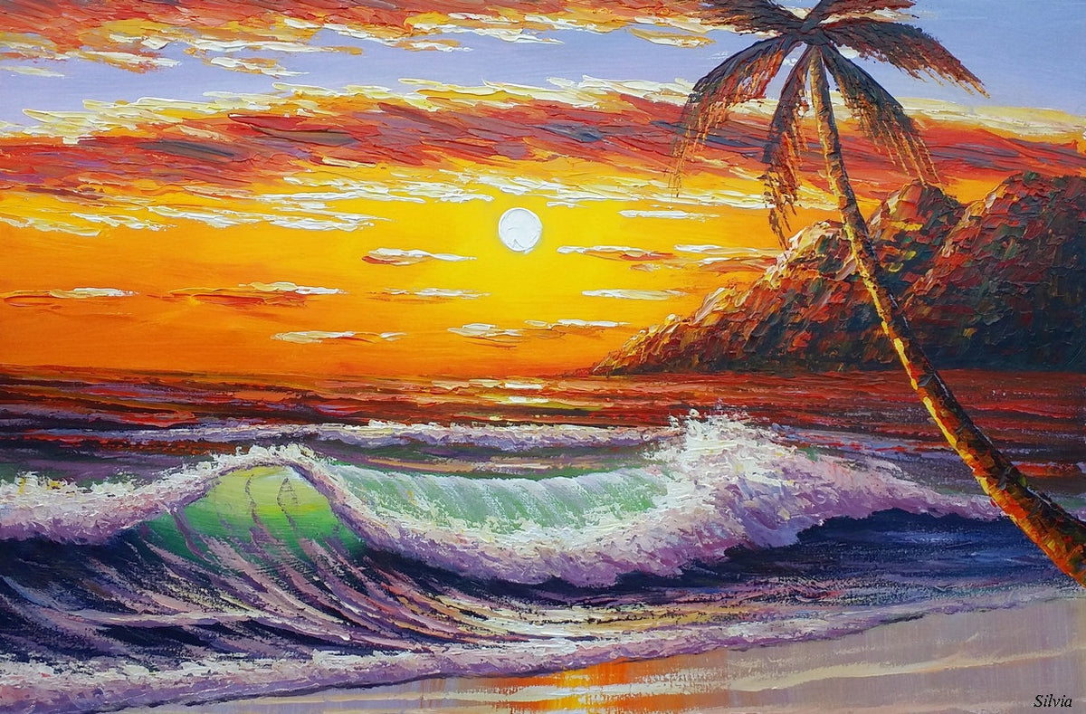 Sunrise Painting, Palm Tree Painting, Canvas Wall Art, Large Painting