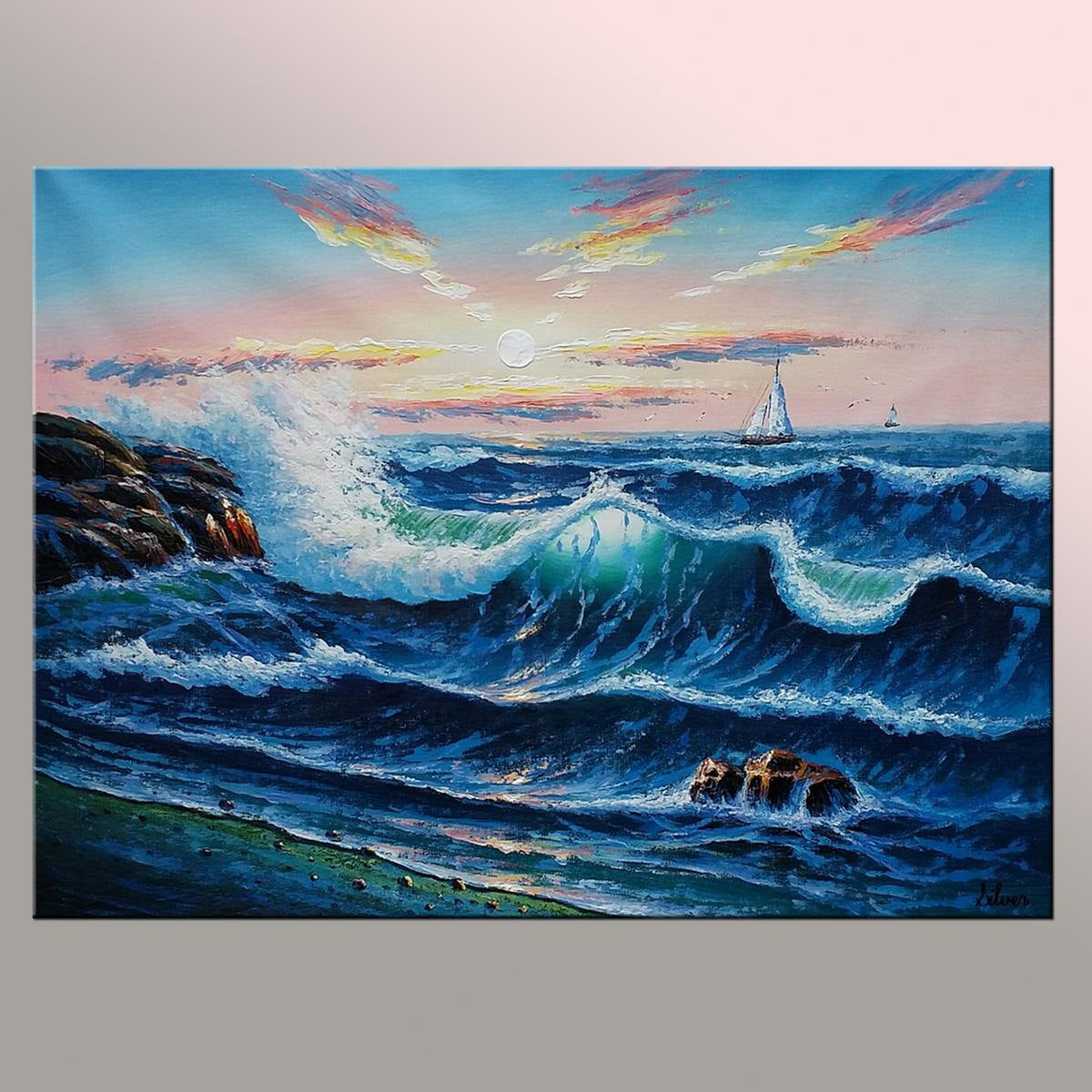 Ocean Oil Painting, Sea Painting, Sunrise Painting, Canvas Painting