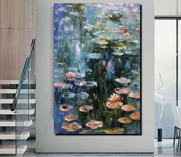 Large Paintings on Canvas, Canvas Paintings for Bedroom, Landscape Painting for Living Room, Water Lily Paintings, Heavy Texture Paintings-Silvia Home Craft