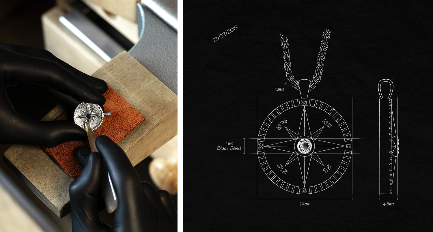 burnishing nautical compass amulet with black spinel with polished agate