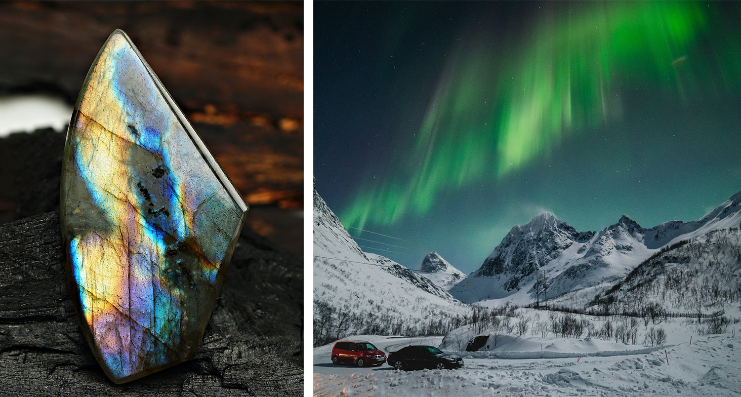 snow mountains with aurora borealis northern lights and natural labradorite gemstone