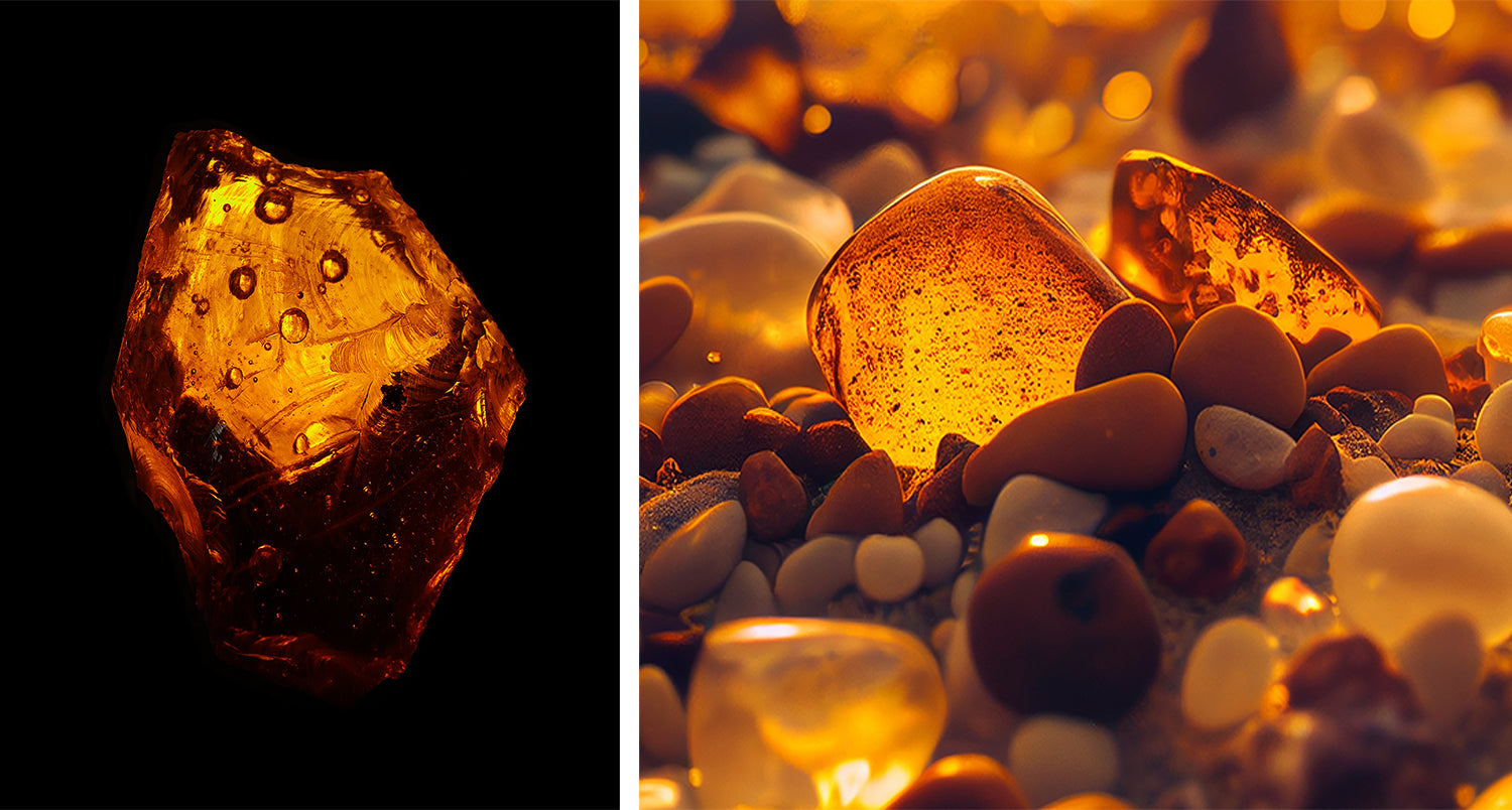 natural baltic amber resin on the pebble beach