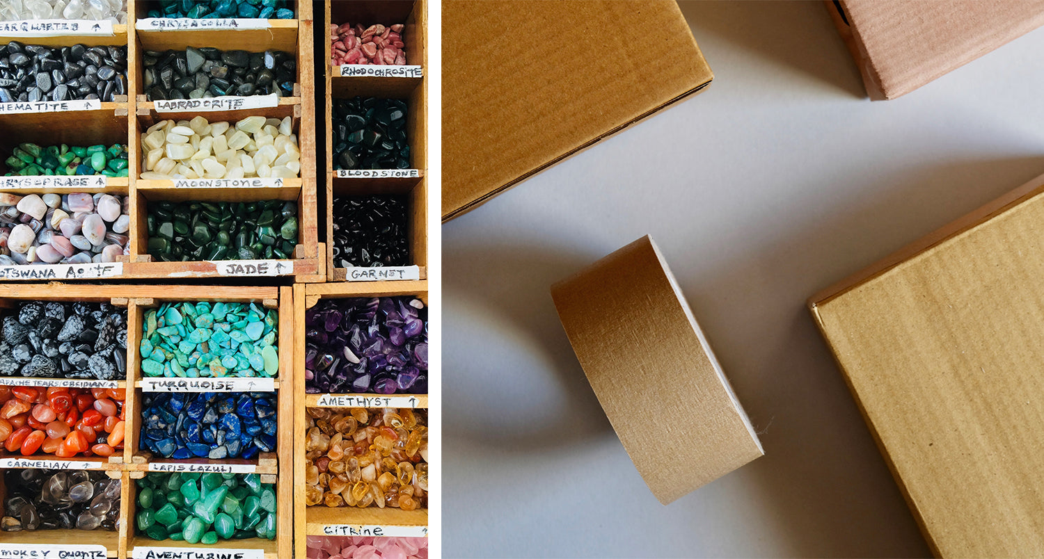 selection of natural gemstones with recyclable parcel packaging