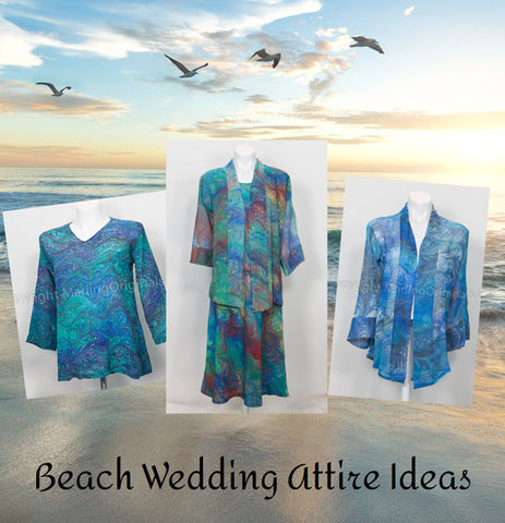 beach scene with 3 wedding attire outfits