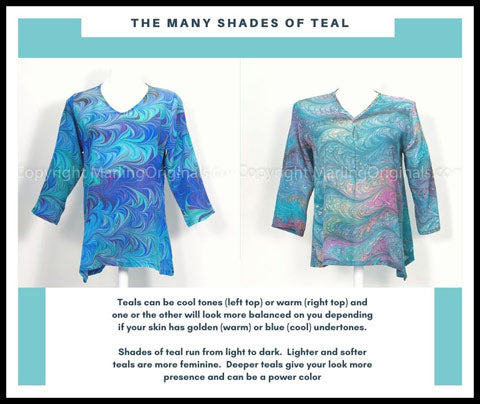 picture of two teal tops - cool shade vs warm shade