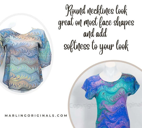 pictures of 2 silk tops with round necklines
