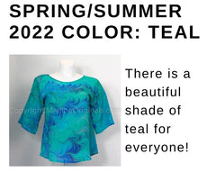 graphic with a picture of a teal marbled silk top
