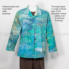 marbled turquoise jacket over brown pants