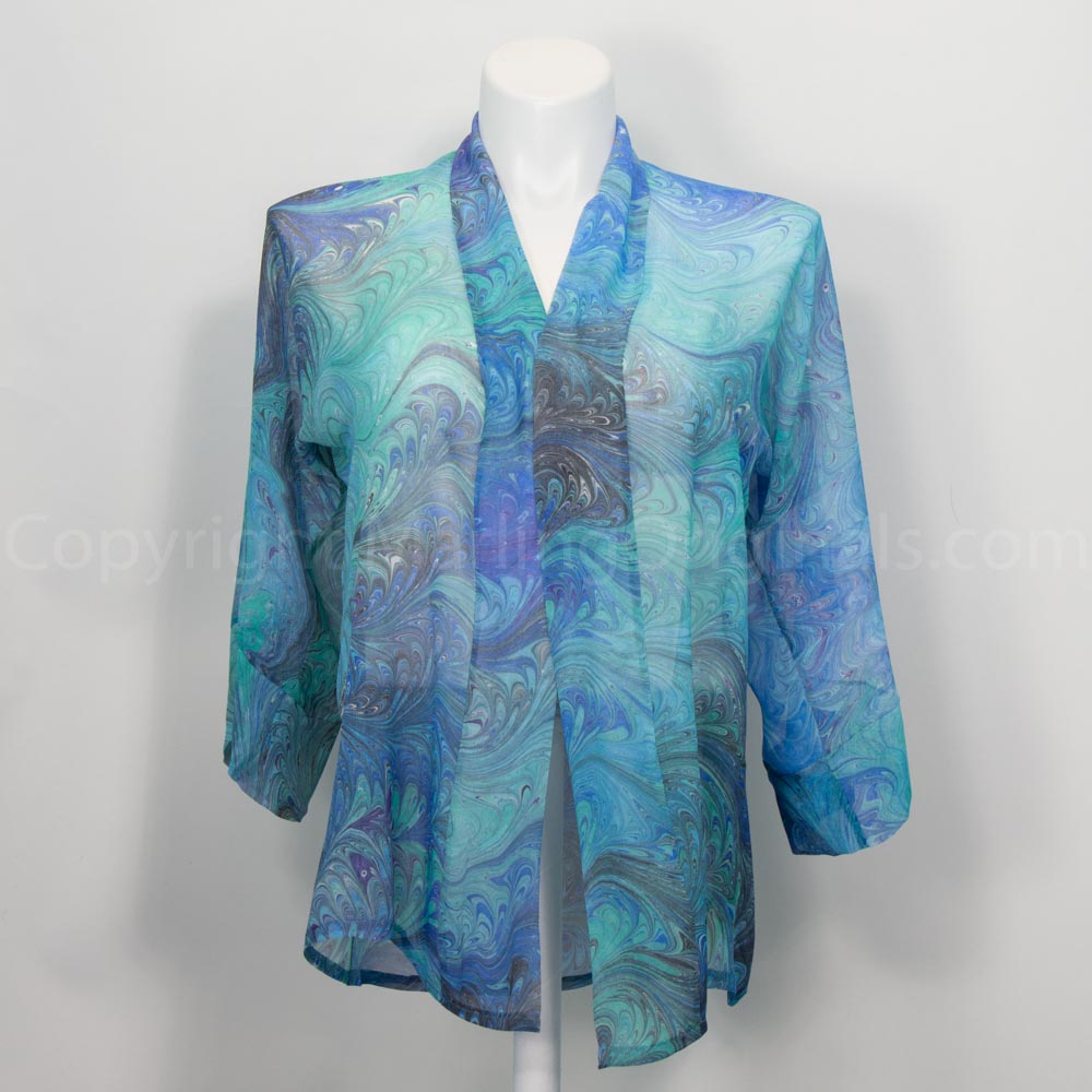 marbled silk chiffon kimono jacket in tones of blues and teals