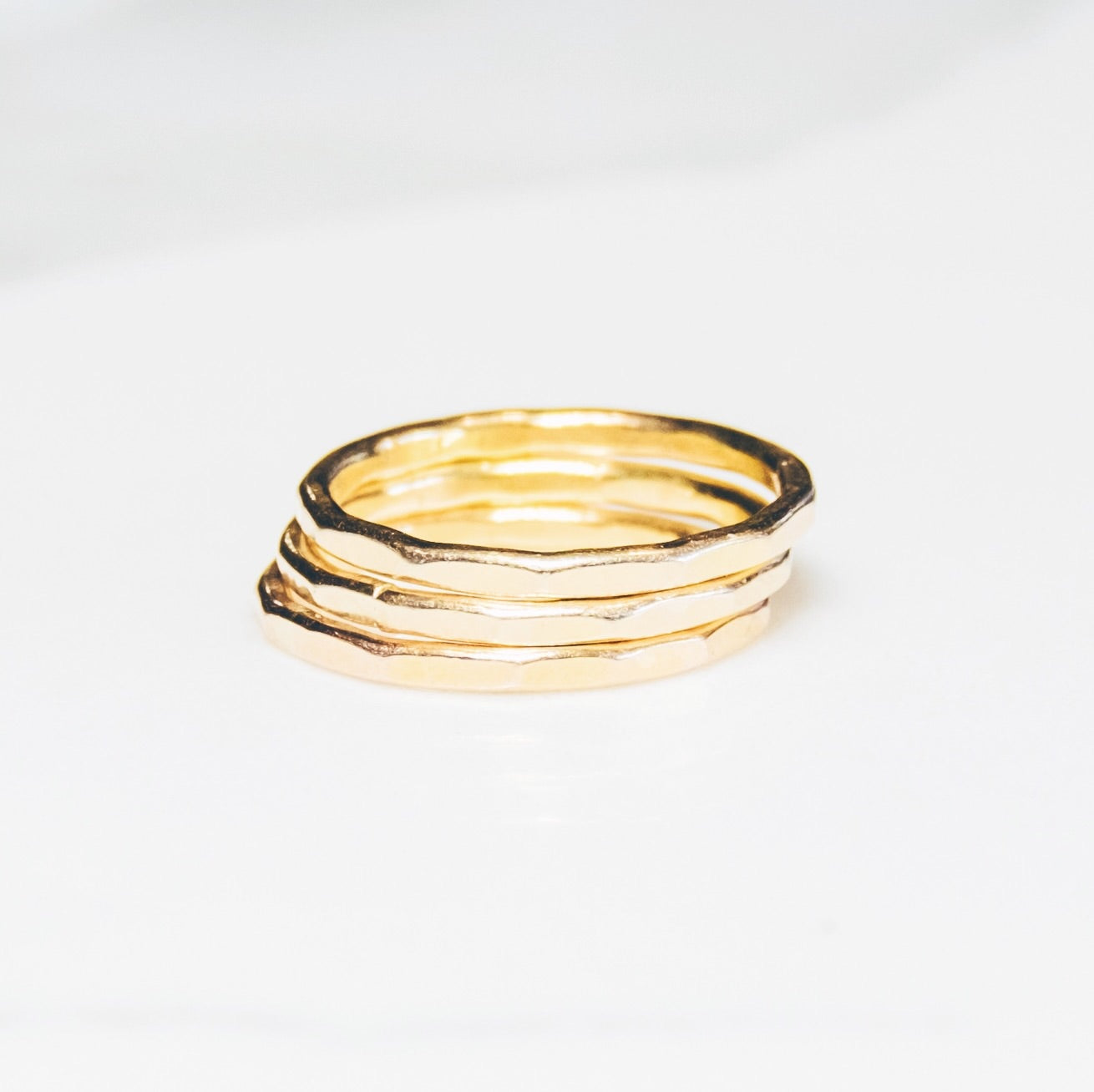 Glimmer Ring Trio | 14kt Gold Filled Hammer Faceted Wedding Bands | 3 Ring Set