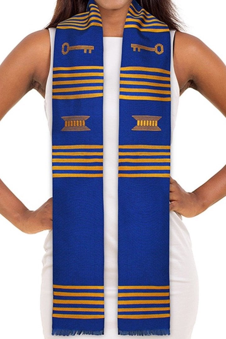 Ready To Customize Royal Blue And Gold Yellow With Key Kente Cloth Graduation Stole Sankofa