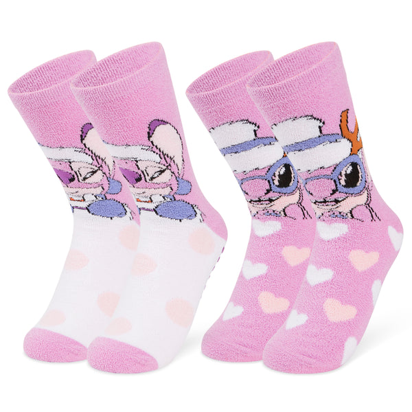 Disney Slippers Socks Women 2 Pack Fluffy Socks Non Slip - Stitch & An