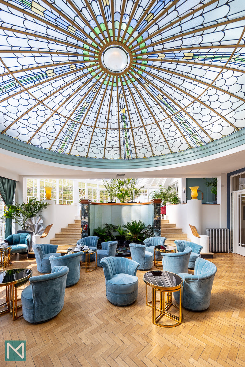 The stunning glass ceiling in the conservatory of the Burgh Island Hotel