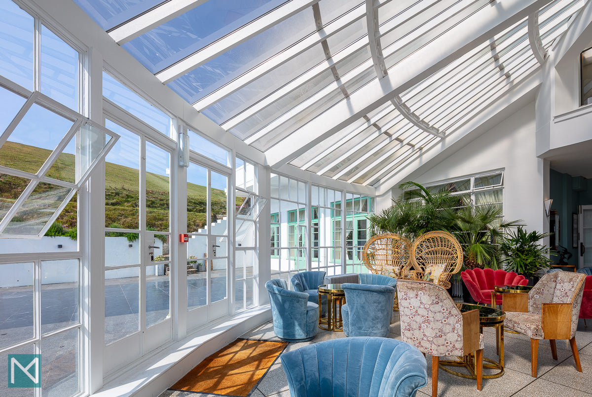 The sloping roof in the conervatory at Burgh Island Hotel