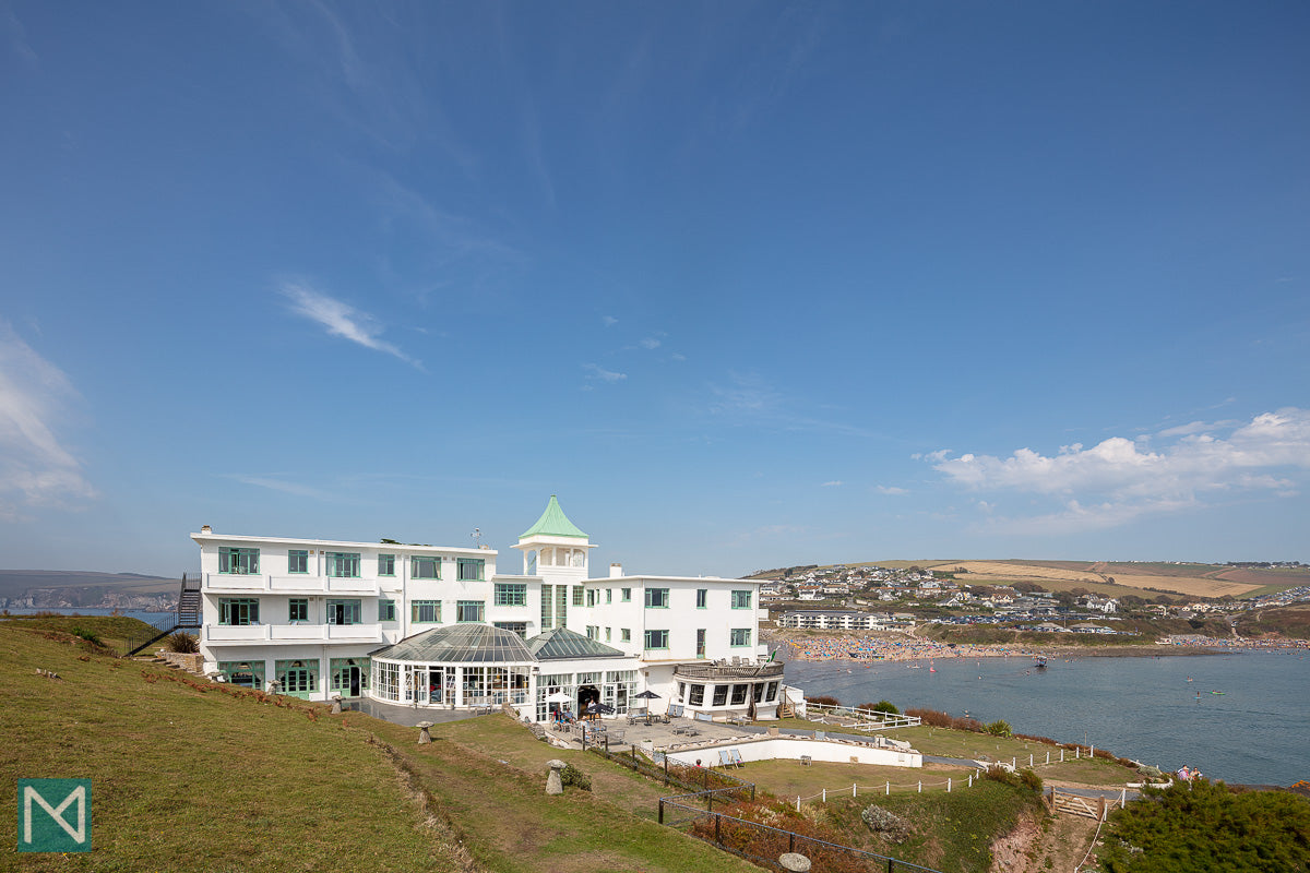 The rear of the hotel with Bigbury beach in the background