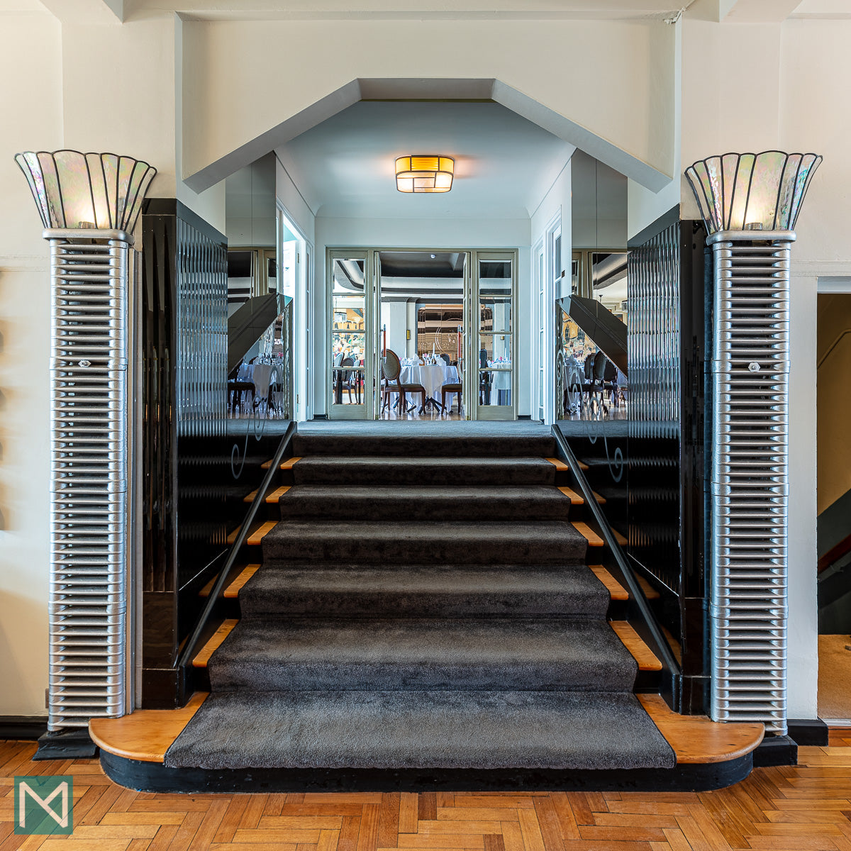 Looking from the lobby towards the ballroom of the Burgh Island Hotel