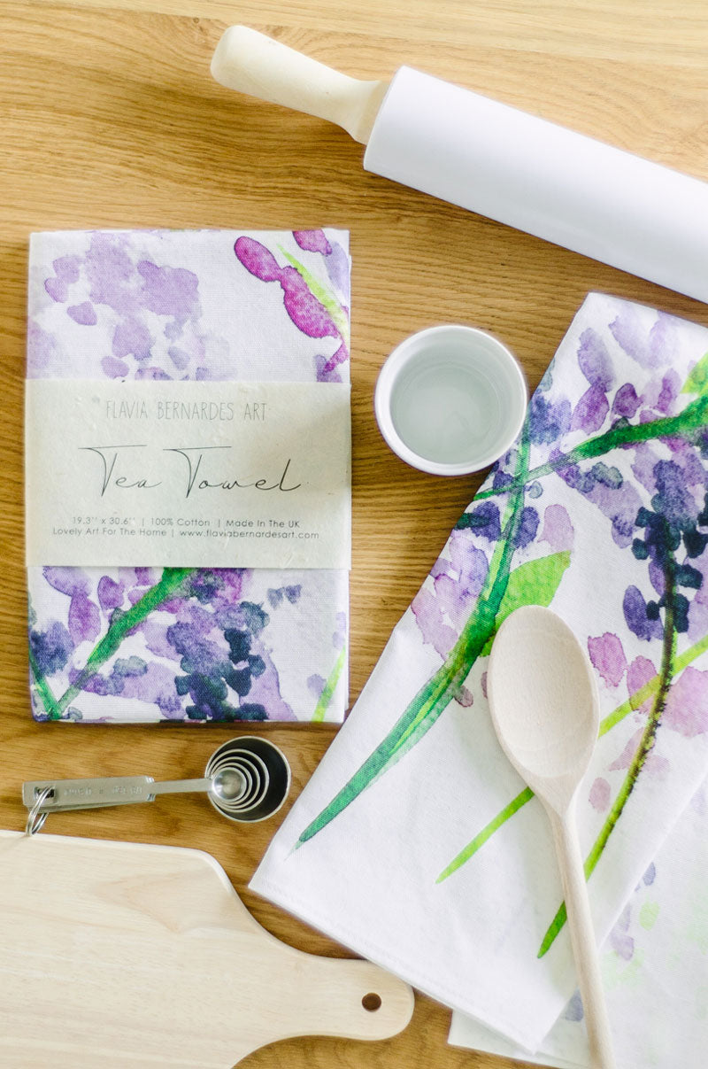 Lavender watercolor tea towel Flavia Bernardes Art