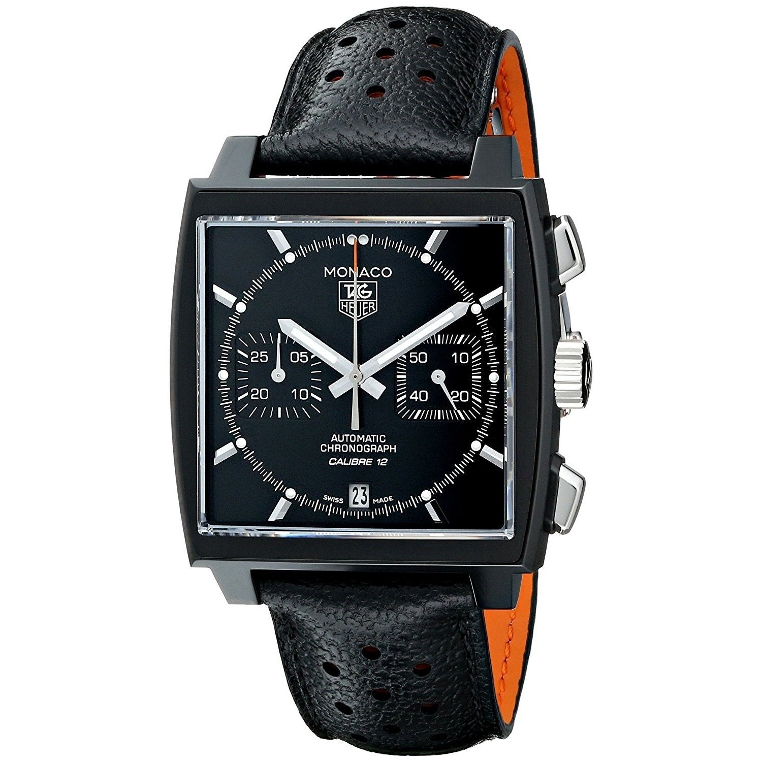 Tag Heuer Men's CAW211M.FC6324 Monaco Automatic Black Leather Watch ...